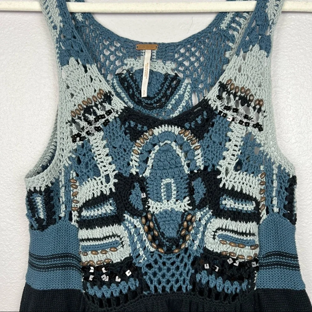 Free People Blue and Black Crochet Knit Tank Dress